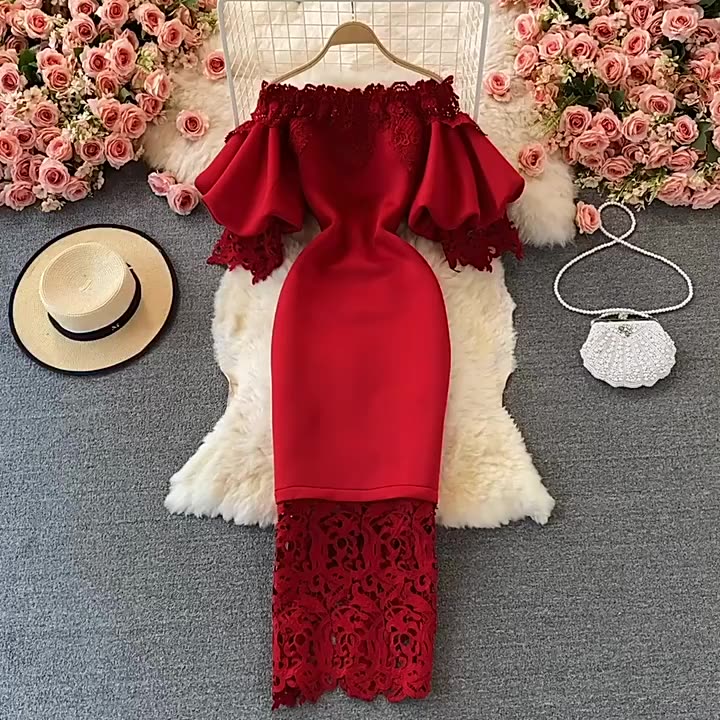 Elegant Red Peplum Lace Dress for Marriage & Party Elegant Red Peplum Lace Dress for Marriage & Party