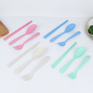 <b>Cutlery</b> <b>Set</b> Portable Eco-friendly Reusable 3 Pcs Wheat Straw Spoon Fork Chopsticks for <b>Kids</b> Children School Travel Picnic - Product Image 5