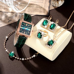 Conjunto de Reloj para Mujer Más Vendido, Reloj de Cuarzo con Correa de Cuero PU Azul y Joyería de Cristal Cuadrada, Conjunto 5 en <span class=keywords><strong>1</strong></span>, Proveedor - Product Image 4
