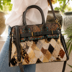 Western Gypsy Boho Style Cowhide Leather Handbag Hand <b>tooled</b> Metallic Leather Zipper Closure Multi-Use Messenger <b>Bag</b> - Product Image 1