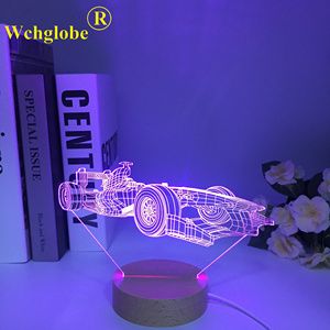 Sportwagen F1 <span class=keywords><strong>3d</strong></span> Illusie <span class=keywords><strong>Lamp</strong></span> Voor Kind Slaapkamer Nachtlampjes Veranderende Sfeer Houten Led Nachtlampje Supercar Dropship - Product Image 1