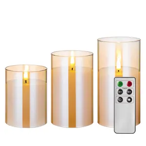 Matti's best seller 3d real flame pillar gold glass home decoration remote timer 4 8 hours flameless led candle