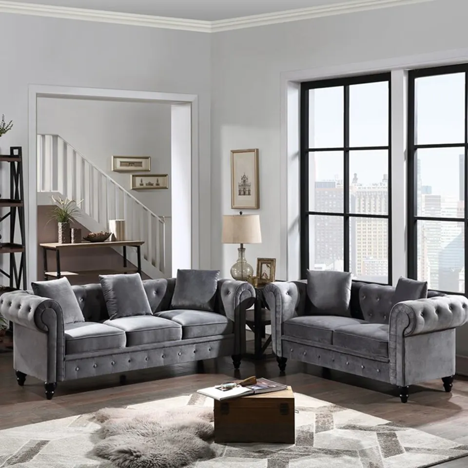Soggiorno di lusso in velluto grigio tessuto Chesterfield pulsante trapuntato 5 posti mobili divano Set divano soggiorno divani moderni