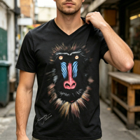 T-shirt décontracté pour homme à col en V noir avec imprimé babouin, personnalisable avec divers motifs animaliers