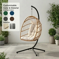 Fauteuil suspendu en forme d'œuf avec structure en acier robuste, en rotin tressé, pour patio, intérieur et extérieur, avec coussin