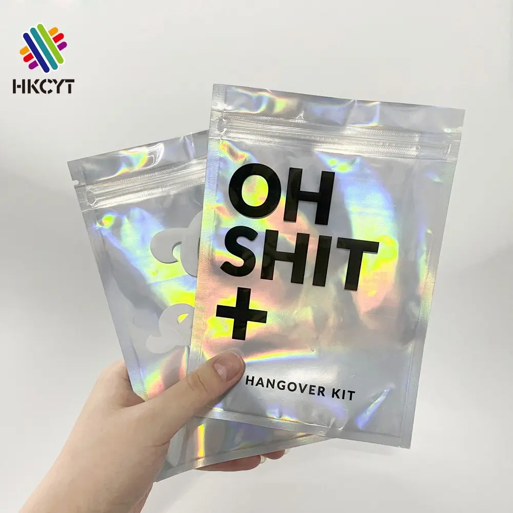 Customized hologram mylar bags zipper plastic jewelry makeup packaging transparent holographic bags