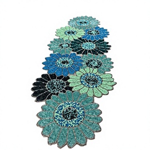 Handmade Beaded <b>Placemat</b> Rectangular Shape Turquoise Brown Floral Embroidery With Needle Work Home Decoration - Product Image 1