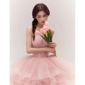 Pink Ball Gown Wedding Dress Sweetheart Neckline Tulle Princess Waistline Red Bean Paste Pinkish Blue Color - Product Image 1