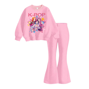 Set di Abbigliamento <span class=keywords><strong>alla</strong></span> <span class=keywords><strong>Moda</strong></span> <span class=keywords><strong>per</strong></span> Bambine, Felpa con Stampa Grafica K-Pop e Pantaloni a Zampa Rosa, Outfit Primaverile e Autunnale Personalizzato - Product Image 3