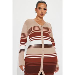 Produit neuf, robe en tricot à col en V contrasté rayé, manches fines, coupe ajustée - Product Image 4