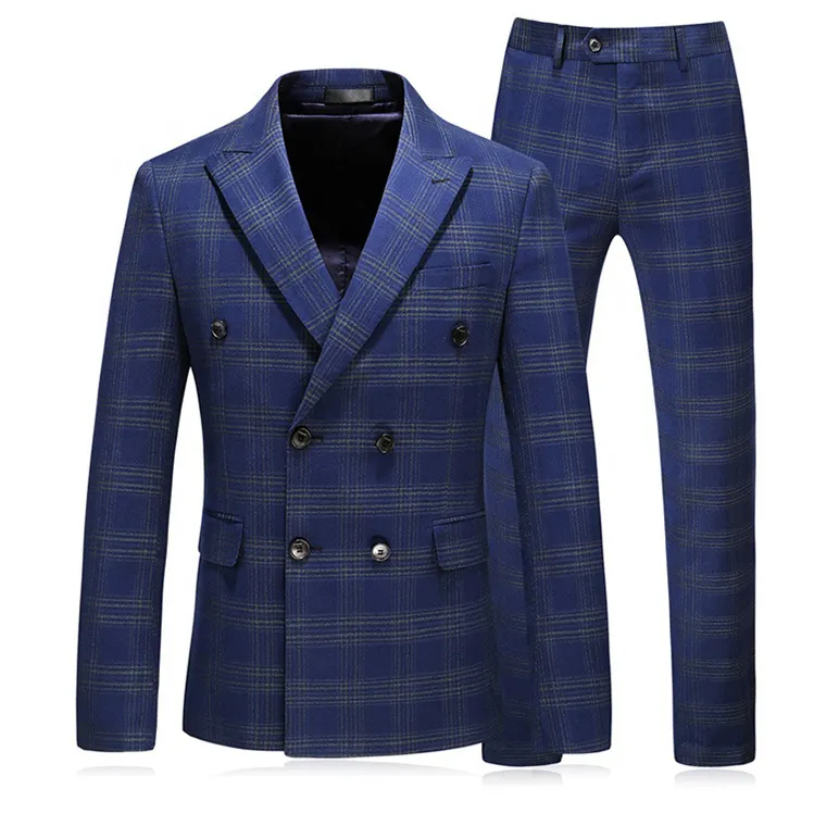 men suits 3 pieces wool grid costumes groom coat jacket sets Double Breasted for Prom Wedding Business men's suits & blazer