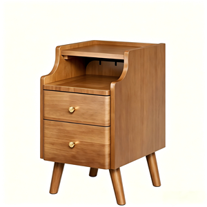 Table de chevet en bois massif avec 2 tiroirs et étagère ouverte, meuble de chambre à coucher de style moderne du milieu du siècle - Product Image 1