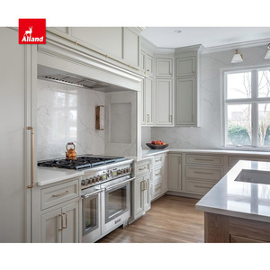 AllandCabinet Armoire de cuisine de luxe en <span class=keywords><strong>bois</strong></span> massif avec cadre américain Shaker à perles blanches et armoire cannelée avec îlot dans les villas - Product Image 4
