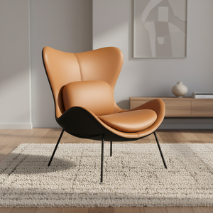 Poltrona Lounge in <span class=keywords><strong>Pelle</strong></span> Tan Bicolore con Struttura in Metallo Nero Opaco, Schienale Alto, Cuscino Lombare e Pouf in PU per Esterni - Vendita all'Ingrosso - Product Image 2
