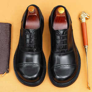 Men's Leather Shoes 2026 New Style Genuine Leather Business Casual Oxford Shoes with English Embroidery <b>Block</b> Heel Large Top Sho - Product Image 3