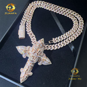 फैशन मैन गहने सोने का रंग हिप हॉप पेंडेंट s925 vs1 मोसानाइट डायमंड गुलाब क्रॉस पेलेंट क्यूबन चेन हार सेट - Product Image 5