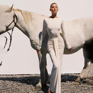 新デザイン 春 レディース プロムドレス 無地 長袖 プリーツ パッチワーク マキシ丈ワンピース エレガントな婦人服 - Product Image 2