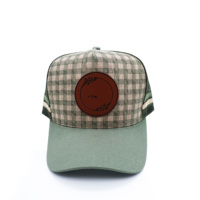 Vente en gros de chapeaux de camionneur à profil haut Casquettes à bord incurvé avec logo en cuir personnalisé Casquettes de camionneur Vichy Country
