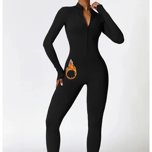 Baju jumpsuit yoga lengan panjang wanita, pakaian jogging bodycon olahraga kebugaran pakaian luar hangat ritsleting depan