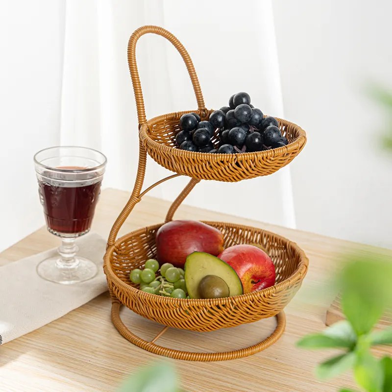 Wicker Rattan Serving Tray Fruit Bread Basket Polywicker Baskets Kitchen Supplies Cupcake Trays with Stand Home Decoration