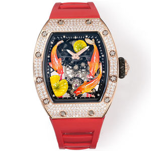 2026 New Rose Gold Diamond Set <b>Red</b> Carp Unique Barrel Shaped Skeleton Mechanical Water Resistant Unisex Watch - Product Image 1