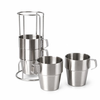 Lot de 4 tasses à café empilables en acier inoxydable de 300 ml (10 oz) à double paroi avec support métallique – Vente en gros directe usine