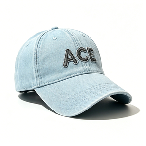หมวกเบสบอลเดนิมฟอกสีอ่อนปักโลโก้ ACE แบบ OEM ODM สั่งทำได้ หมวกทรงวินเทจแบบไม่แข็ง ทรงแด๊ดแฮท สำหรับผู้หญิงผู้ชาย ขายส่ง พร้อมปักตัวอักษร - Product Image 6