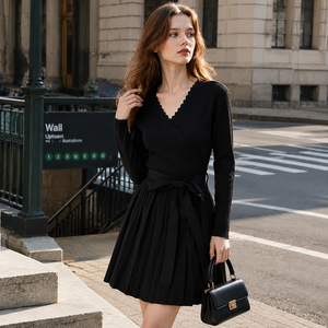 Glamour Slimming Cross Front Long Full Sleeve Stand Neck Midi Knit Frock Matte Black Bright <b>Red</b> Solid <b>Belted</b> Waist Pleated - Product Image 3