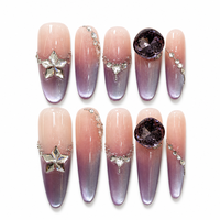 Ongles à presser en acrylique de luxe faits main Baolun, avec colle, motif œil de chat magnétique dégradé violet mystique, grandes pierres précieuses et breloques étoiles argentées