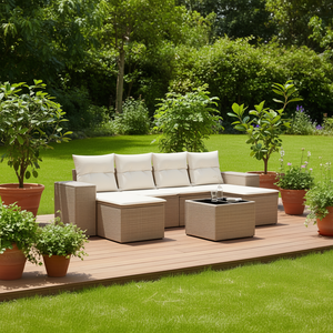 Ensemble de canapés de jardin beige en rotin, mobilier d'extérieur, coussins en mousse haute densité, imperméables, design contemporain - Product Image 2