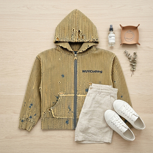 2026 Lightweight <b>Men's</b> Vintage Distressed Striped Zip-Up Hoodie Breathable Acid Wash Ripped Spring Summer Streetwear Jacket - Product Image 3