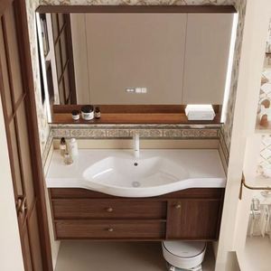Qt <b>Bathroom</b> <b>Vanity</b> With Ceramic Integrated Basin Walnut Color One Piece Countertop Mirror Light Included - Product Image 1