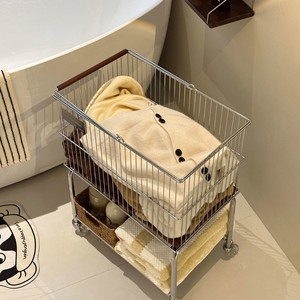 Vintage Style Laundry <b>Basket</b> Trolley Silver Four-Wheel Portable Storage Rack Bathroom Use - Product Image 2