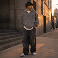 Sweat à capuche zippé épais pour homme, en molleton délavé, style streetwear ample et oversize, avec patchwork d'étoiles effet usé