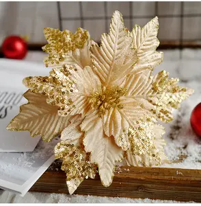 27x14 زخارف اصطناعية كبيرة لتزيين شجرة عيد الميلاد أحمر فضي ذهبي لامع Poinsettias