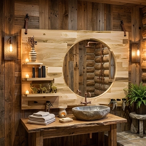 Modern Wooden <b>Wall</b> <b>Mirror</b> Panel with Circular <b>Mirror</b> & Integrated Floating Ledge Shelves - Product Image 3