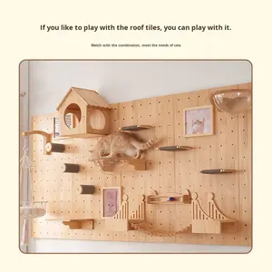 Struttura da Arrampicata per Gatti in Legno Massello Ecologico, Pannello Perforato da Parete Senza Fori, Casetta per Gatti Integrata con Mensola e Pedana da Salto - Product Image 4