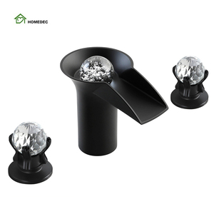 8-Inch Widespread Black <strong>Crystal</strong> <strong>Knobs</strong> Ball LED Bathroom Sink Faucet 3-Hole 3-Handle Basin Mixer Tap Waterfall Double-Handle - Product Image 1