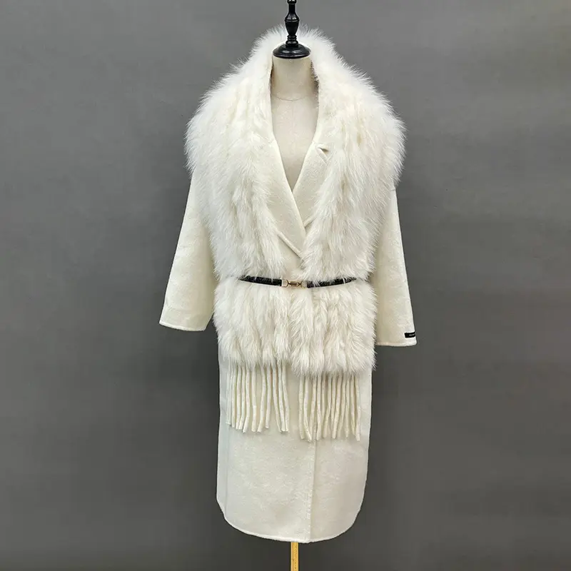 Thời Trang Hai Mặt Cashmere Áo Khoác Có Thể Tháo Rời Fox Fur Khăn Dài Áo Len Cho Phụ Nữ