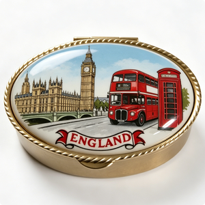 Caja de Recuerdos de Inglaterra con Diseño de Big Ben, Autobús Rojo y Cabina Telefónica, Tapa Redonda Pintada de Latón Chapado en Oro - Product Image 5