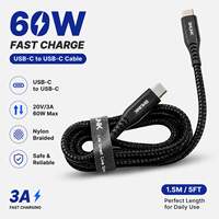 Cable USB-C a USB-C de 1.5m, Negro, Nylon, PD60W, 3A, Carga Rápida, Cobre Estañado, para Teléfono Móvil, Computadora y Tablet, 1 Unidad