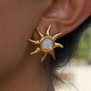 Sun Stud <b>Earrings</b> Gold Plated <b>Opal</b> Inlay Geometric Star Shape Fashion Jewelry - Product Image 2