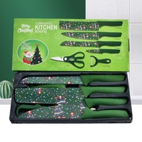 Coffret de six couteaux de cuisine en acier inoxydable avec lames peintes par pulvérisation, motif de Noël, en paille de blé, avec petite boîte cadeau