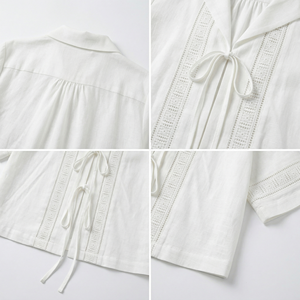 Chemise en lin blanc pour femme, design original SHENGFU, élégante, à manches courtes, avec nœud devant, haut de gamme, patchwork de dentelle, OEM - Product Image 3