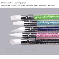 Pinceau à ongles en silicone double embout avec manche en acrylique orné de strass, pointe biseautée et pointue pour manucure gel