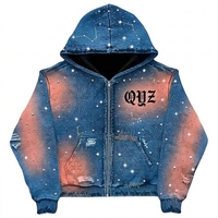 Sweat à capuche zippé personnalisé pour homme avec strass, effet délavé dégradé, style denim, motif brodé en croix