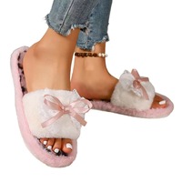 Pantoufles pour femmes en fourrure de lapin à imprimé léopard rose, à bout ouvert, avec nœud en dentelle