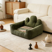 Canapé-lit pour animaux de compagnie en velours côtelé vert foncé, housse amovible, antidérapant, dossier en forme de cactus, pour chiens et chats, lavable, respirant, uni