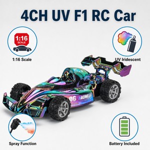 Coche de Carreras RC Estilo Fórmula 1/16 con Ruedas Abiertas, Cromado UV Iridiscente, 5 Canales, Pulverizador de Agua, Batería Recargable, Caja con Ventana, Juguete para Niños de 3+ Años - Product Image 2