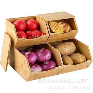 Cesta apilable de madera maciza para almacenar verduras con compartimentos para la cocina del hogar, ecológica, de forma rectangular - Product Image 5